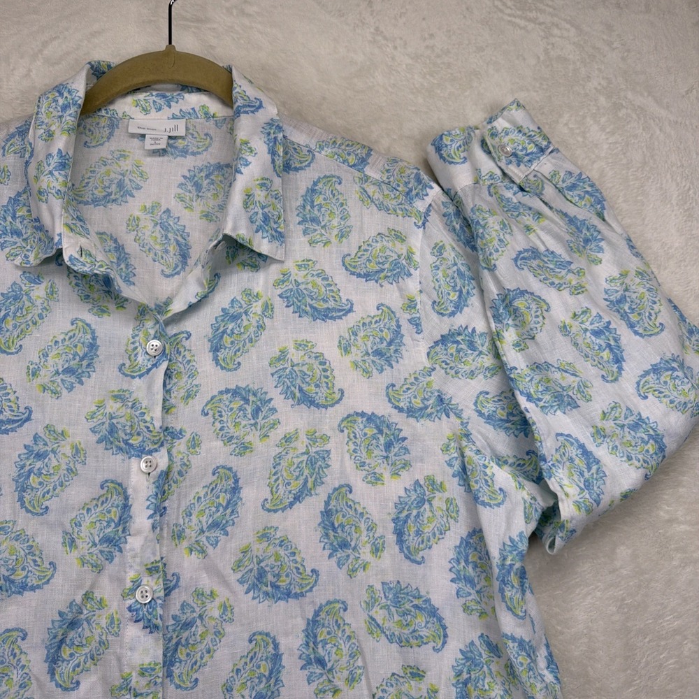 J Jill Love Linen Shirt Women's L Petite White Blue Paisley Button Up 100% Linen